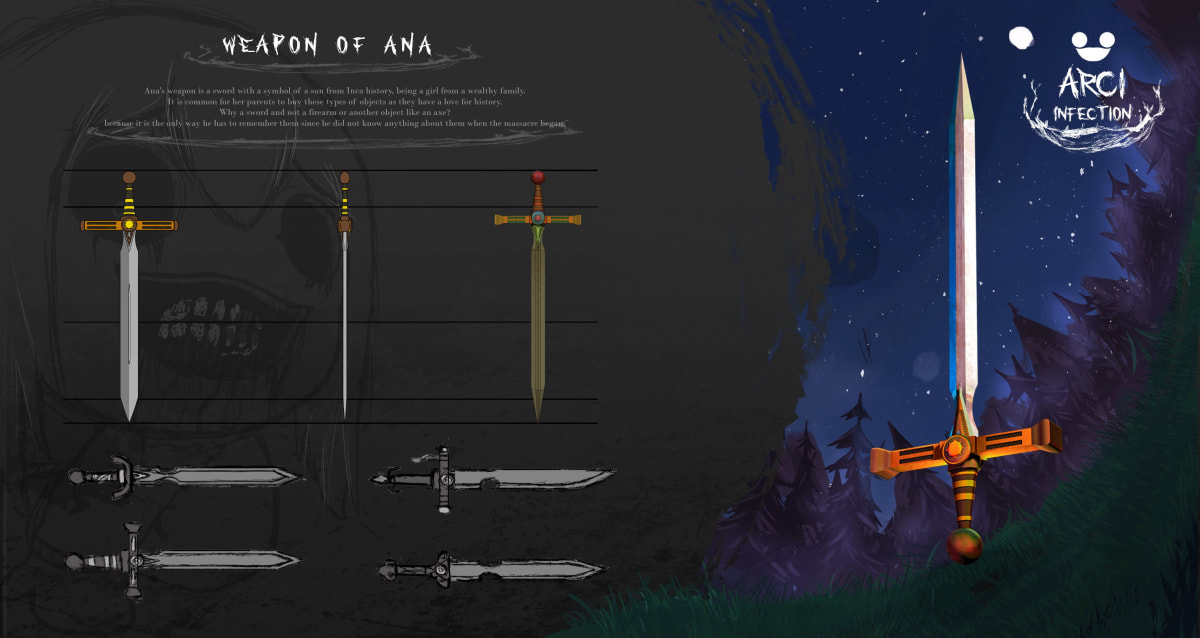 Concept art del arma de Ana, una espada con símbolo solar inca, para el proyecto ARCI Infection de Samir Jhoel Caldas Ballona, alumno de TRAZOS.