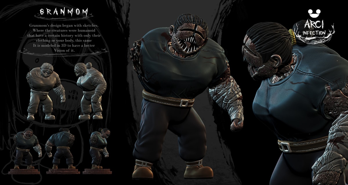 Modelado 3D del personaje Granmom con texturizado de piel infectada y escultura digital del videojuego ARCI Infection, proyecto de concept art de Samir Jhoel Caldas Ballona, alumno de TRAZOS.