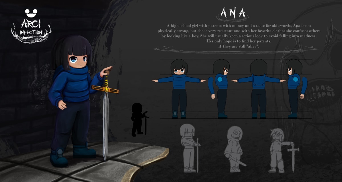 Diseño conceptual del personaje Ana con vistas rotativas y espada para el videojuego ARCI Infection, proyecto de concept art de Samir Jhoel Caldas Ballona, alumno de TRAZOS, escuela de artes digitales en Madrid.