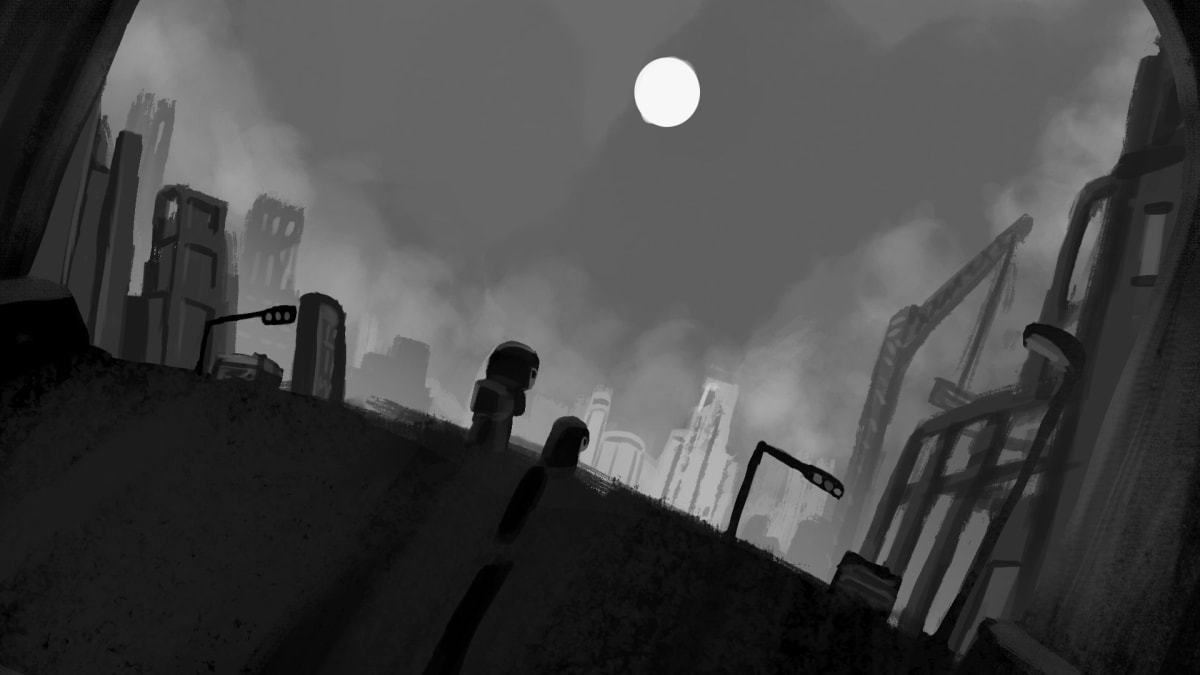 Ilustración conceptual en blanco y negro de una ciudad postapocalíptica en ruinas bajo una luna llena, obra de Samir Jhoel Caldas Ballona para el proyecto ARCI INFECTION, alumno de concept art de TRAZOS publicado en The Rookies.