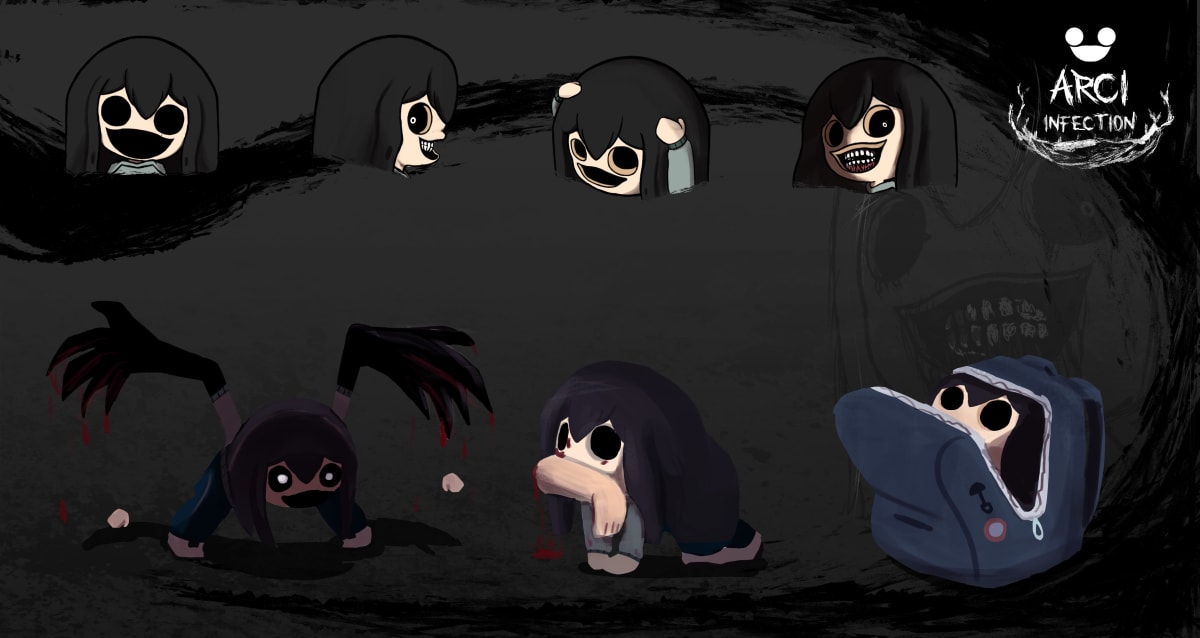 Hoja de modelos del personaje infectado de ARCI Infection con expresiones faciales inquietantes y poses de ataque, concept art de Samir Jhoel Caldas Ballona, alumno de la escuela TRAZOS.