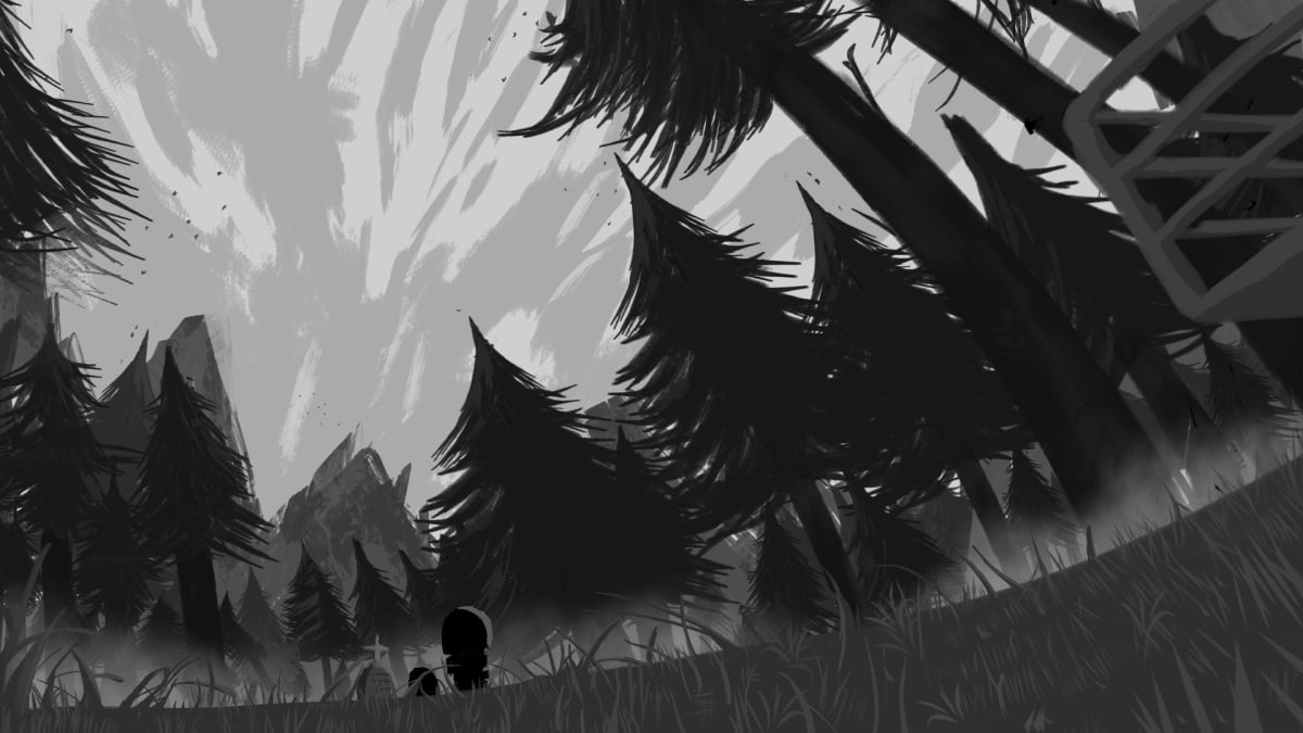 Concept art en escala de grises de un bosque de pinos con torre metálica y figuras encapuchadas, obra de Samir Jhoel Caldas Ballona para el proyecto ARCI INFECTION, alumno de la escuela de artes digitales TRAZOS.