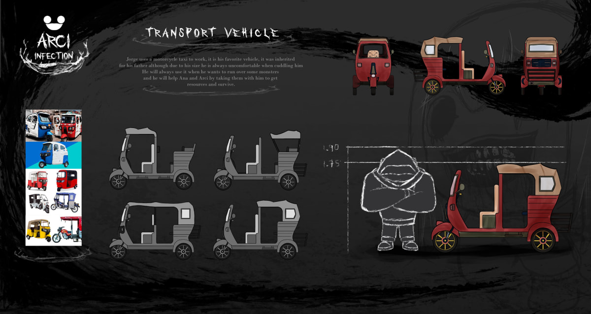 Concept art del vehículo de transporte tipo mototaxi del personaje Jorge para ARCI INFECTION, proyecto de Samir Jhoel Caldas Ballona, alumno de la escuela de artes digitales TRAZOS.