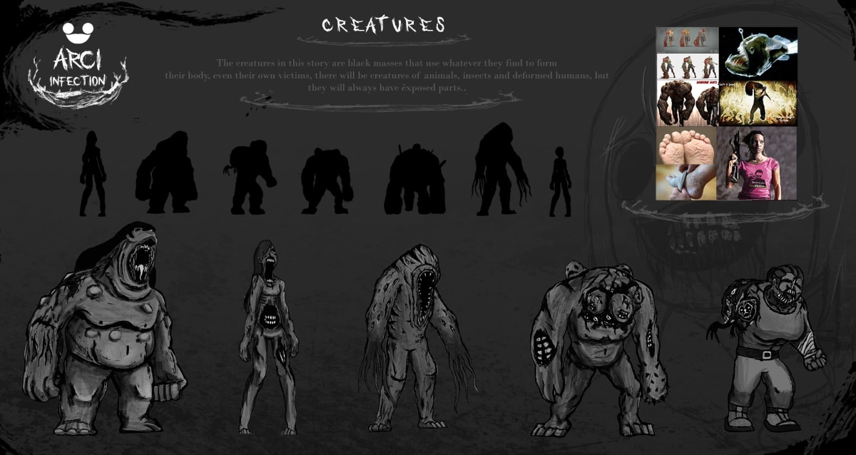 Concept art de criaturas mutantes con siluetas de referencia de tamaño para el proyecto ARCI Infection de Samir Jhoel Caldas Ballona, alumno de la escuela de artes digitales TRAZOS.