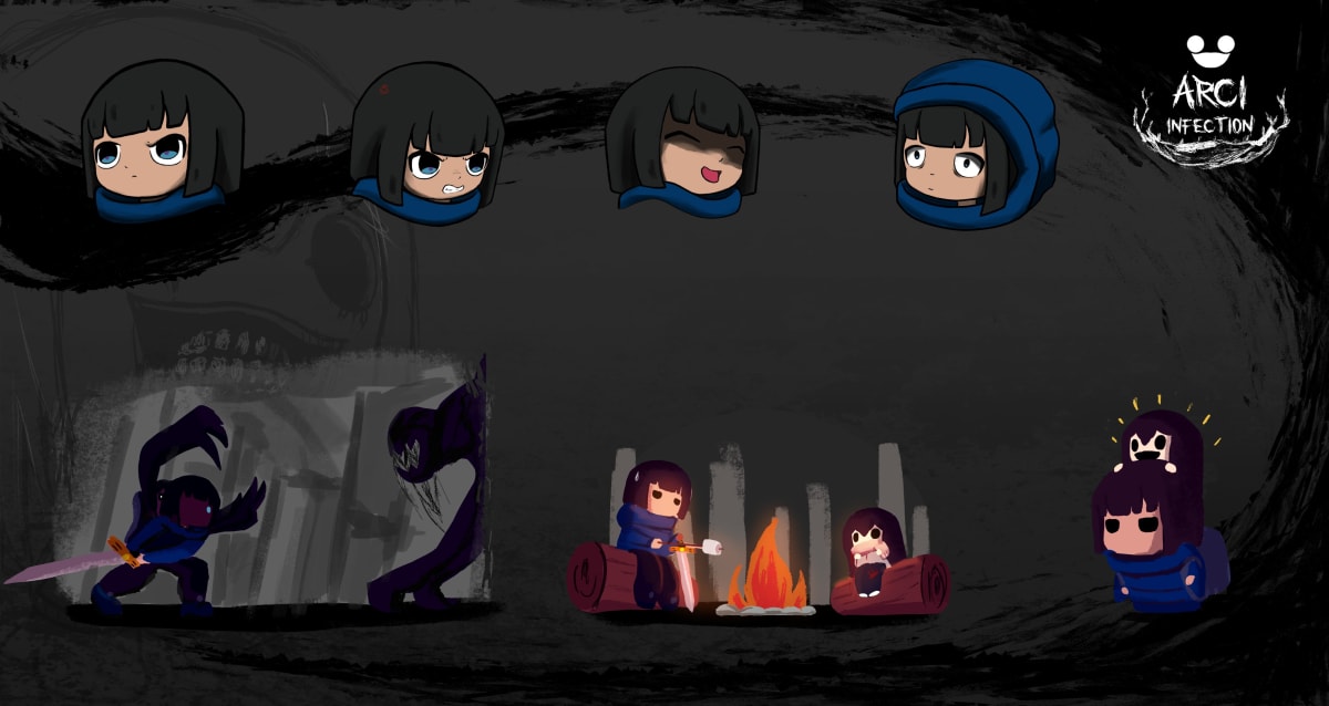Arte conceptual del videojuego ARCI Infection con expresiones faciales y escenas de personajes, proyecto de Samir Jhoel Caldas Ballona para el curso de Concept Art de TRAZOS, escuela de artes digitales en Madrid.