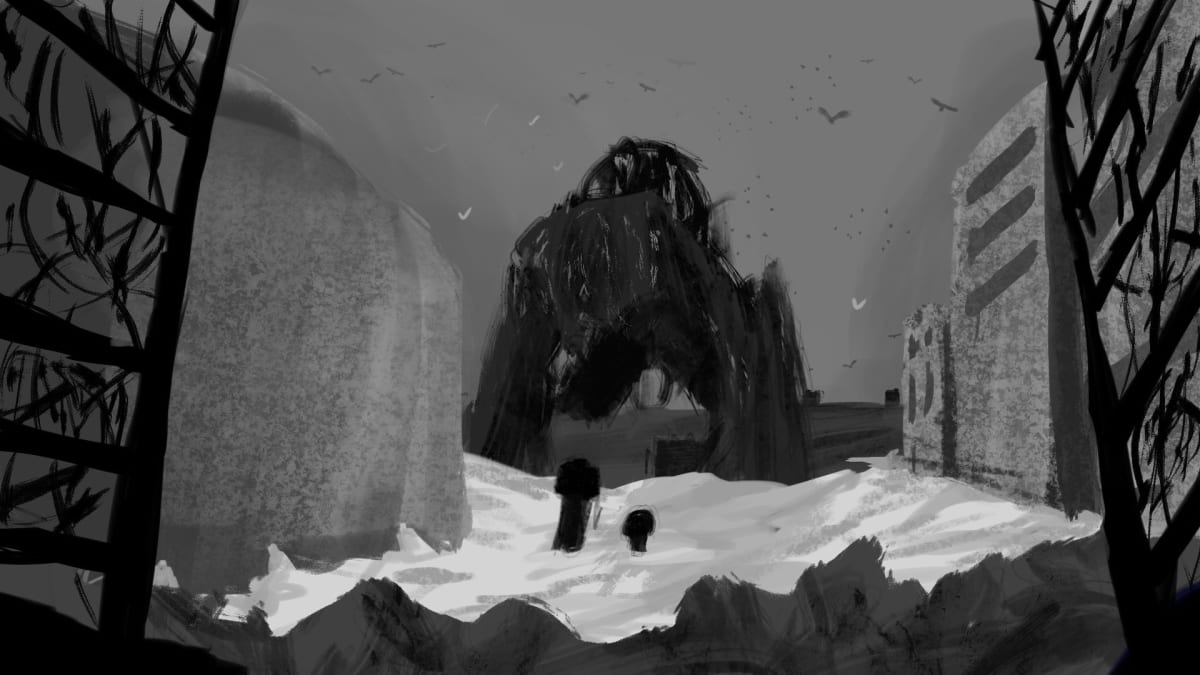 Concept art en escala de grises de una criatura monstruosa y dos figuras en un paisaje nevado, obra de Samir Jhoel Caldas Ballona para el proyecto ARCI INFECTION, realizado en TRAZOS, escuela de artes digitales en Madrid.