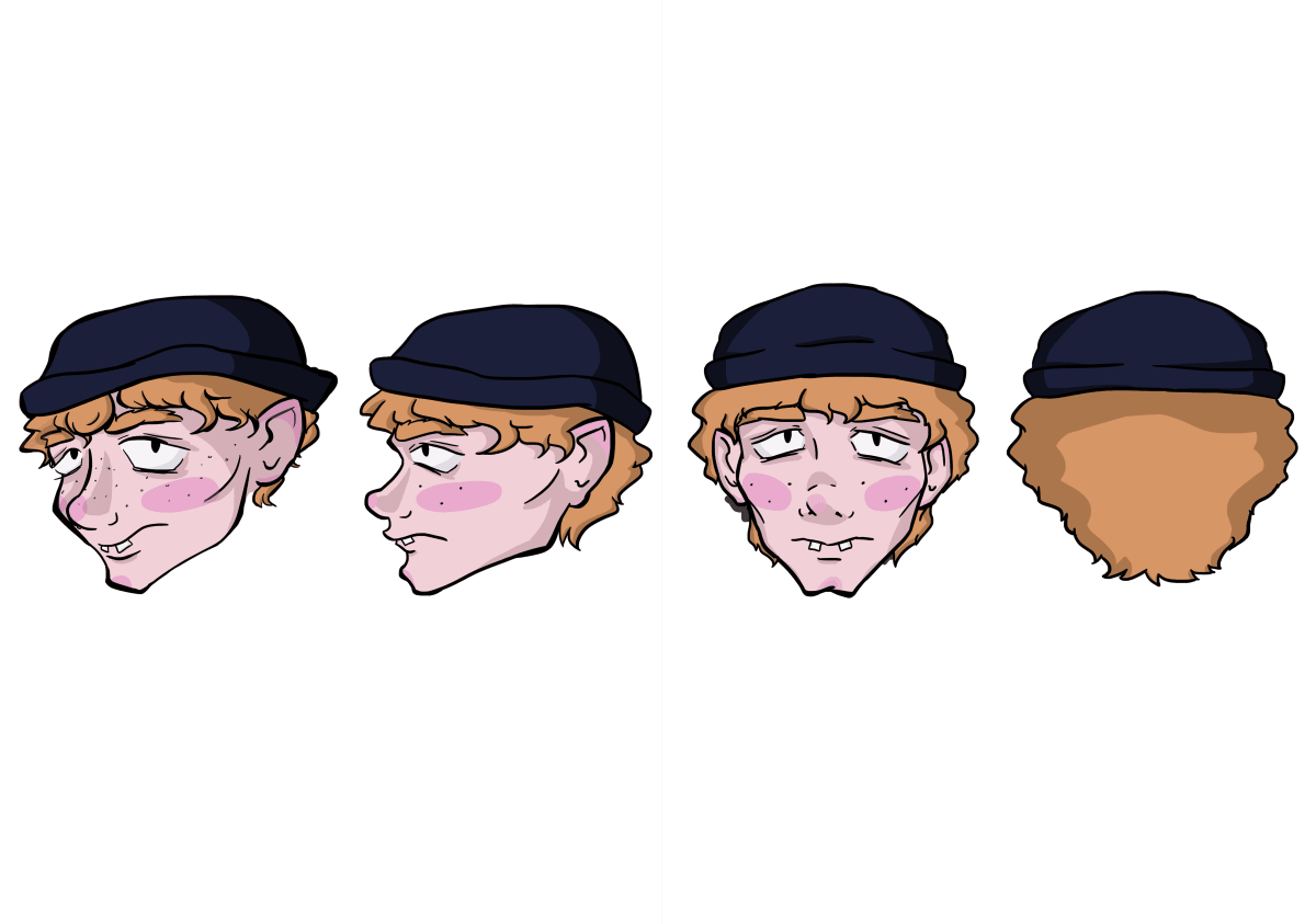 Turnaround de cabeza con expresión pícara y gorro, mostrando ángulos frontal, perfil y trasero, del proyecto Character Design de Helena Arce, alumna de la escuela de artes digitales TRAZOS, publicado en The Rookies.