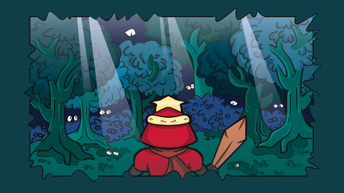 Ilustración de concept art de un personaje con capa roja y gorro de estrella explorando un bosque misterioso con ojos acechantes entre los árboles, obra de Alfred Morell Lozoya para «Ciro's Star Legacy 3D GAME», alumno de TRAZOS escuela de artes digitales en Madrid.