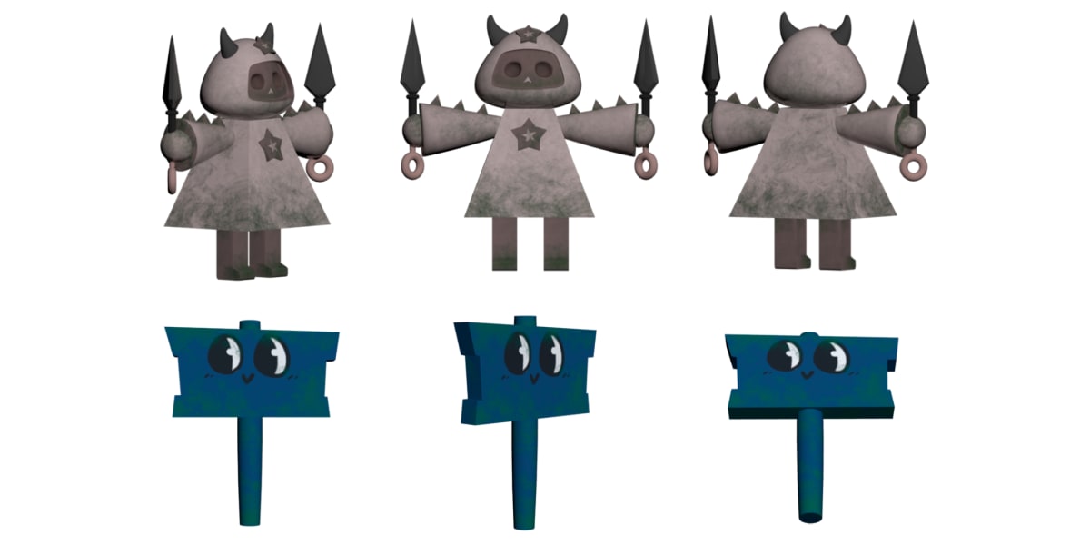 Modelado 3D de un personaje guerrero con cuernos y lanzas y un cartel con ojos expresivos desde varios ángulos, parte del proyecto «Ciro's Star Legacy 3D Game» de Alfred Morell Lozoya, alumno de TRAZOS, escuela de artes digitales en Madrid.