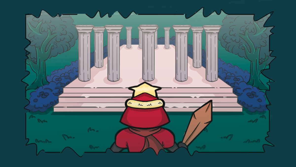 Ilustración de videojuego con personaje de capa roja y espada frente a un templo de columnas, obra de Alfred Morell Lozoya para «Ciro's Star Legacy 3D GAME» realizada en el curso de Concept Art & Illustration de TRAZOS.