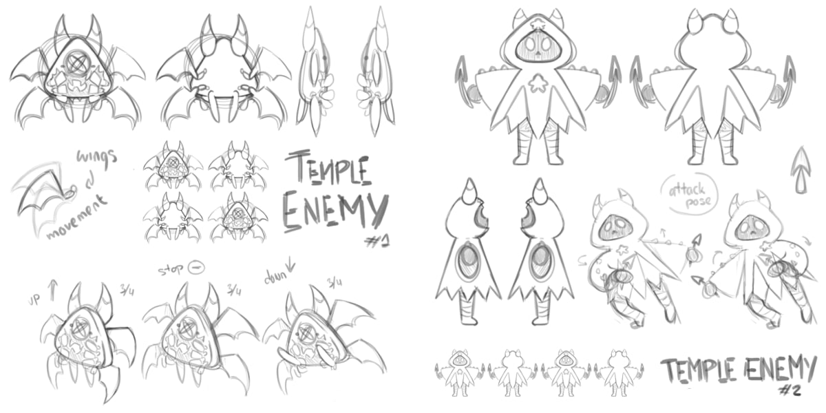 Diseño conceptual de personajes enemigos murciélago y duende encapuchado para el videojuego Ciro's Star Legacy, trabajo de Alfred Morell Lozoya, alumno de Concept Art & Illustration en TRAZOS escuela de artes digitales en Madrid.