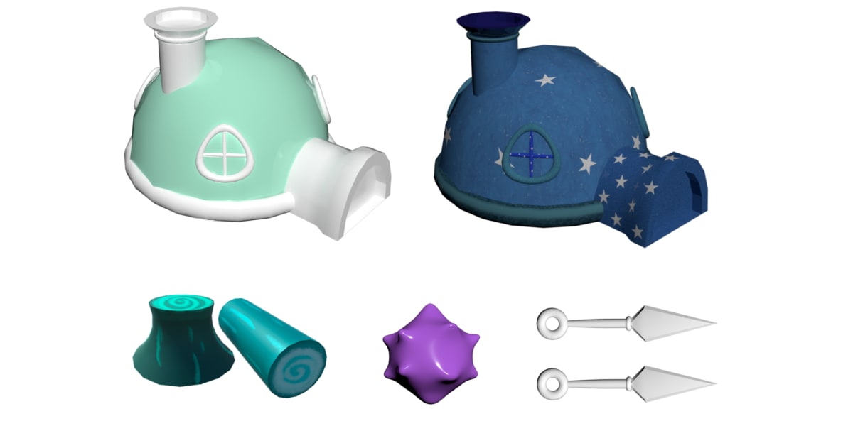 Modelado 3D de iglús estilizados en tonos verde y azul con estrellas y props de videojuego, trabajo de Alfred Morell Lozoya para «Ciro's Star Legacy 3D GAME» realizado en TRAZOS, escuela de artes digitales en Madrid.