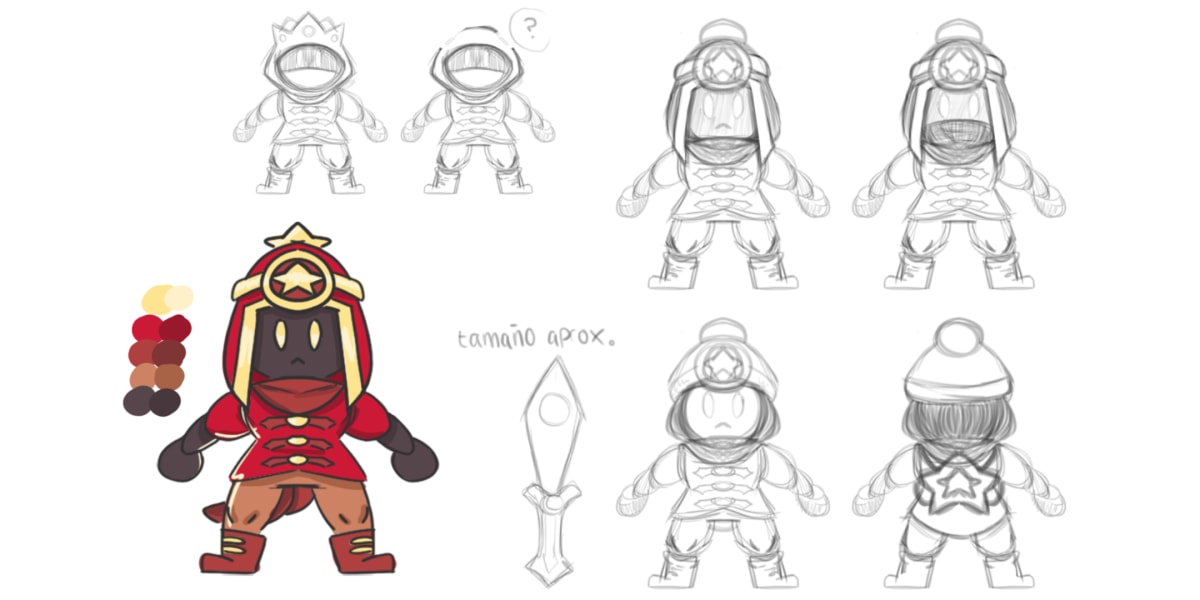 Hoja de diseño de personaje con bocetos de turnaround, paleta de colores y arma para el videojuego Ciro's Star Legacy, proyecto de concept art de Alfred Morell Lozoya, alumno de TRAZOS.