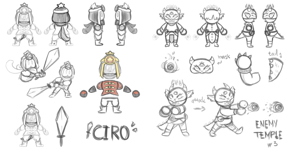 Hoja de diseño de personajes con turnarounds del protagonista Ciro y de un enemigo tipo templo, del proyecto «Ciro's Star Legacy 3D GAME» realizado por Alfred Morell Lozoya, alumno de TRAZOS, escuela de artes digitales en Madrid, especializado en concept art e ilustración.