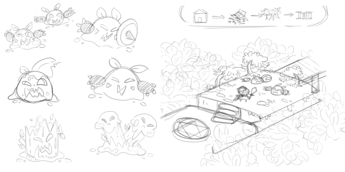 Bocetos de concept art de un personaje tipo slime con expresiones y un escenario de videojuego, trabajo de Alfred Morell Lozoya para «Ciro's Star Legacy 3D GAME» realizado en TRAZOS, escuela de artes digitales en Madrid.