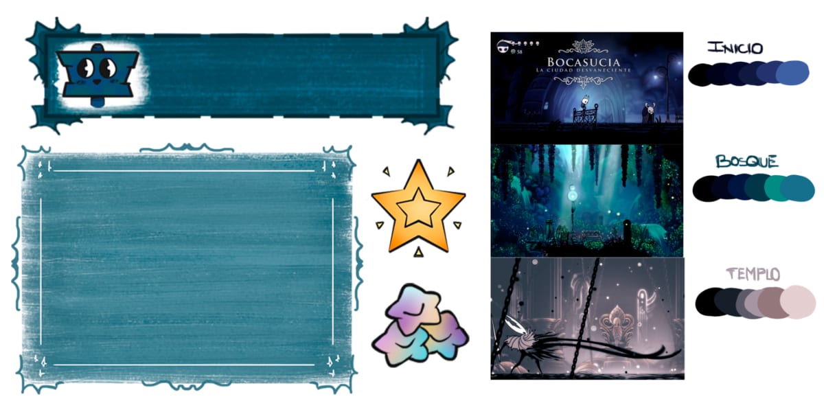 Paletas de color y marcos decorativos inspirados en el videojuego Bocasucia para el proyecto «Ciro's Star Legacy 3D Game» de Alfred Morell Lozoya, alumno de concept art e ilustración en TRAZOS.