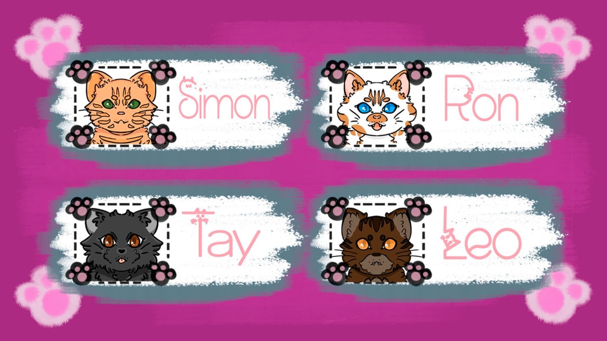 Ilustración de cuatro personajes felinos llamados Simon, Ron, Tay y Leo con nombre y huellas decorativas, diseño de personajes del videojuego para Android FASHION CATS! creado por Alfred Morell Lozoya, alumno de la escuela de Game Design & Development de TRAZOS.
