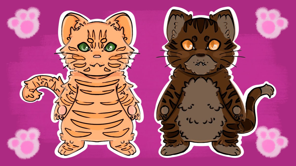 Ilustración de dos personajes felinos estilo tigre en tonos naranja y marrón del videojuego para Android FASHION CATS!, proyecto de game design de Alfred Morell Lozoya, alumno de TRAZOS, escuela de artes digitales en Madrid.