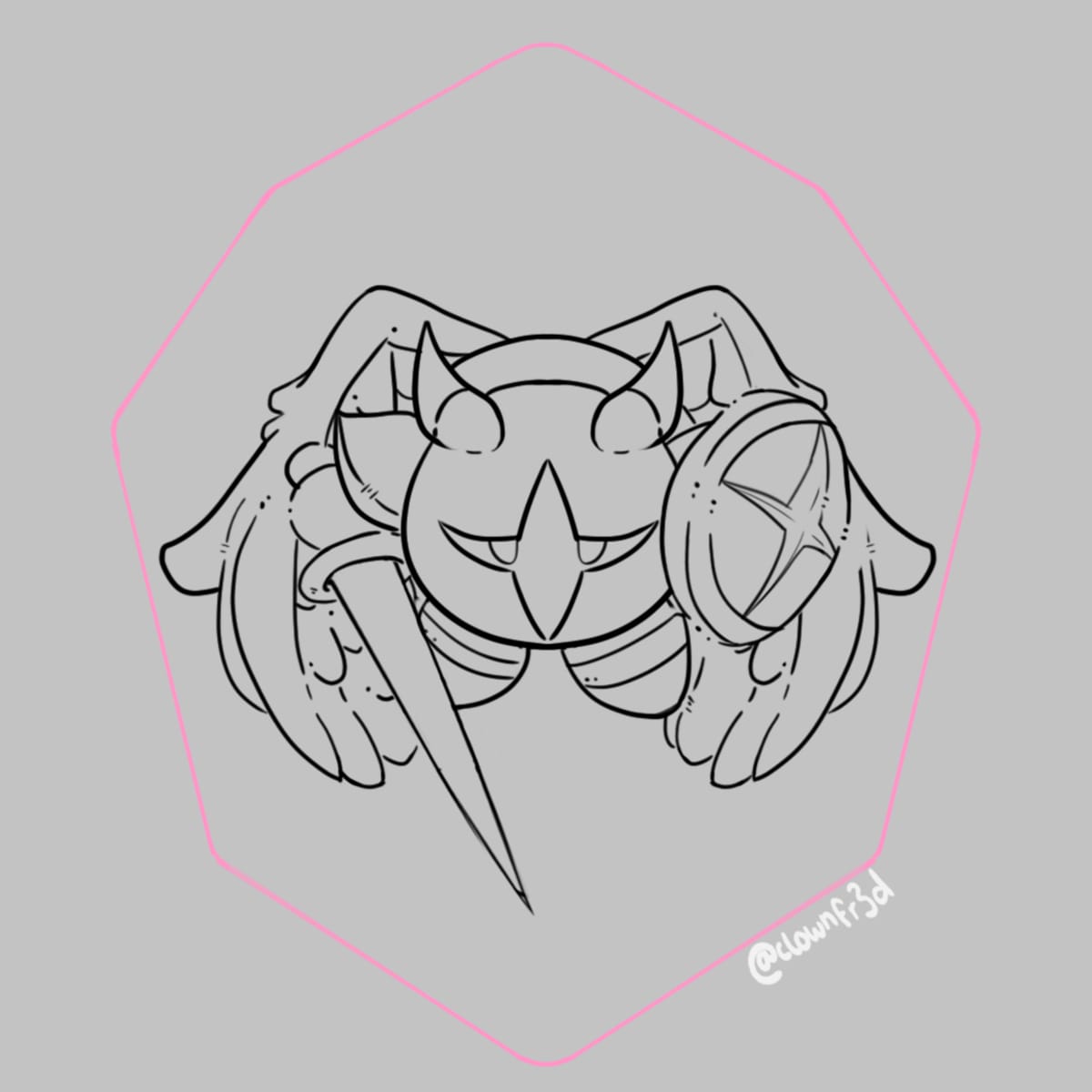Ilustración lineal de un personaje tipo Pokémon con espada y escudo creada por Alfred Morell Lozoya, alumno de Concept Art & Illustration en TRAZOS, escuela de artes digitales en Madrid.