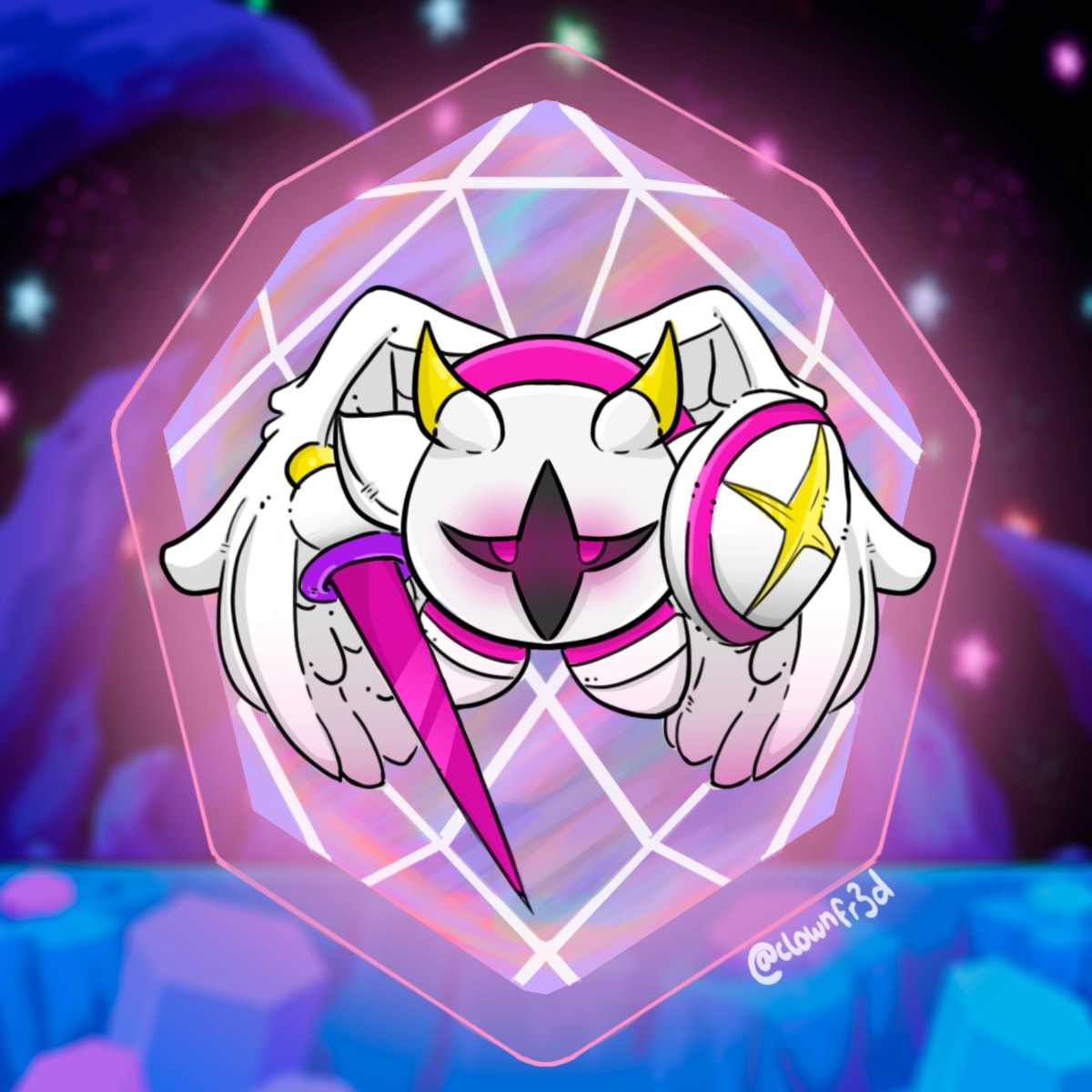 Ilustración digital de una criatura blanca con cuernos amarillos y espada rosa enmarcada en un cristal geométrico, obra de Alfred Morell Lozoya para su proyecto de Concept Art & Illustration en TRAZOS, escuela de artes digitales en Madrid.