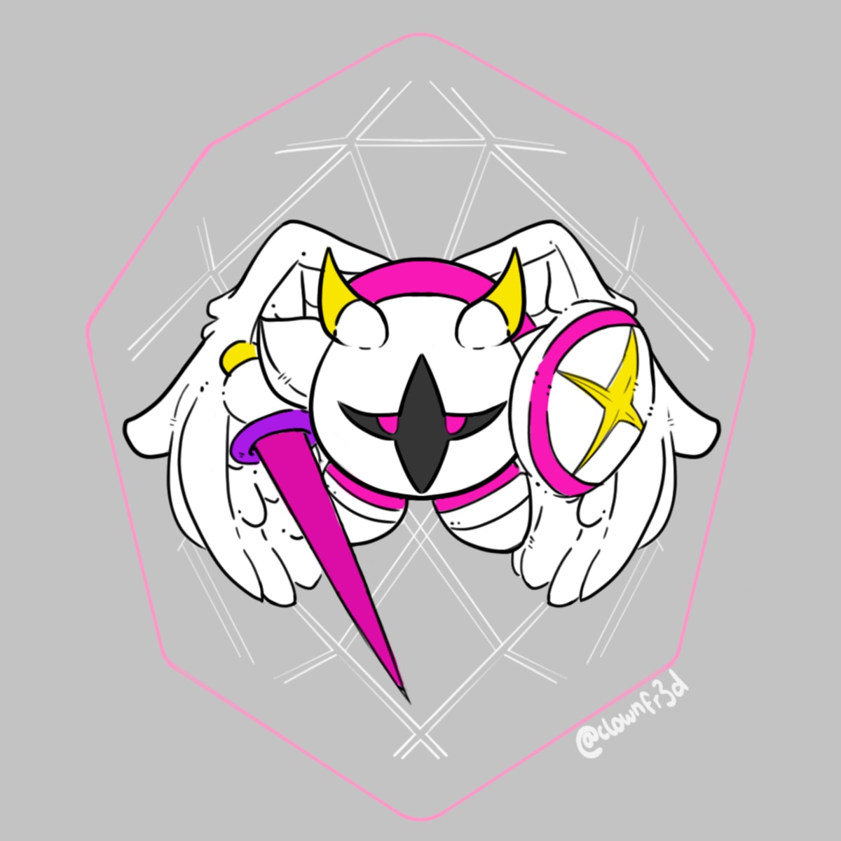 Ilustración digital de un personaje tipo caballero fantástico con cuernos amarillos, espada rosa y escudo estelar, obra de Alfred Morell Lozoya para su portafolio en The Rookies como alumno de TRAZOS, escuela de artes digitales en Madrid especializada en concept art e ilustración.