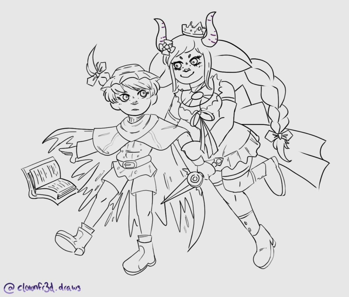 Boceto lineal de dos personajes de fantasía, una niña con cuernos y corona junto a un niño con capa y daga, ilustración de concept art del alumno Alfred Morell Lozoya para su proyecto Finished Digital Art en TRAZOS, escuela de artes digitales en Madrid.