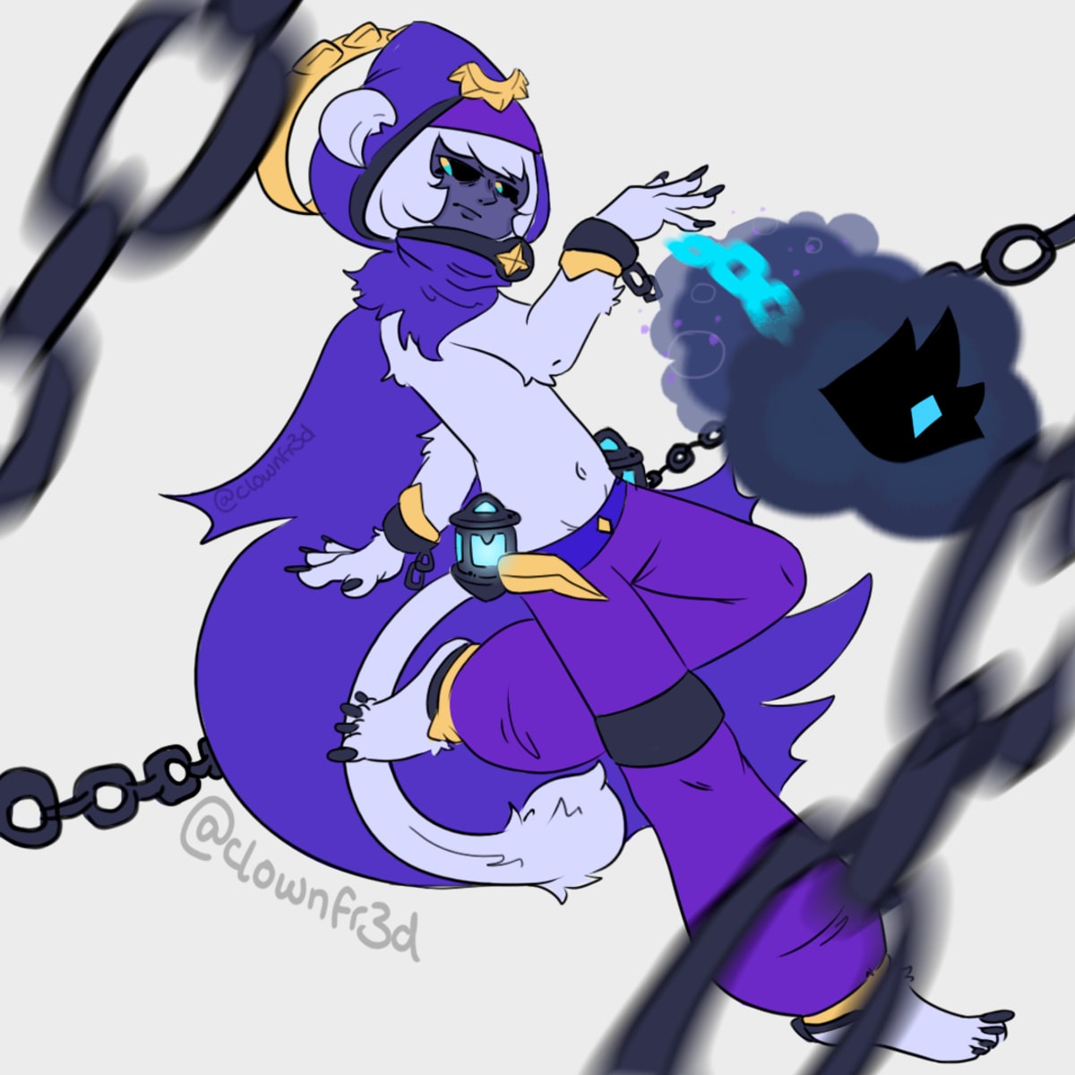 Ilustración digital de un personaje felino morado rodeado de cadenas y humo, obra de Alfred Morell Lozoya, alumno de TRAZOS, en la categoría Concept Art & Illustration publicada en The Rookies.