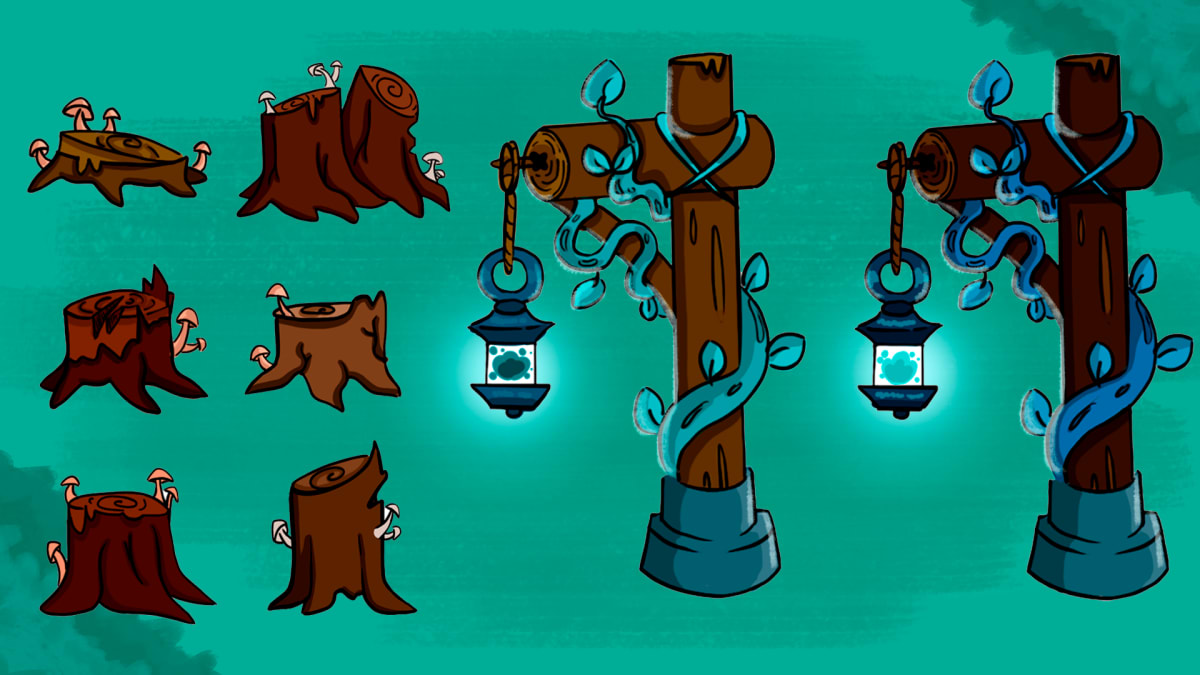 Concept art de assets 2D con troncos, setas y farolas con enredaderas mágicas para el videojuego Gardien, trabajo de Alfred Morell Lozoya, alumno de TRAZOS, escuela de artes digitales en Madrid.