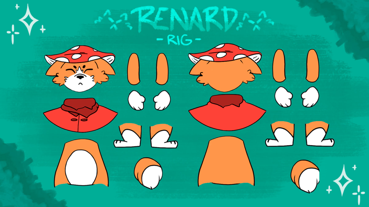 Rig 2D del personaje Renard con las piezas separadas para animación, ilustración del proyecto Gardien creada por Alfred Morell Lozoya, alumno de la escuela de artes digitales TRAZOS.