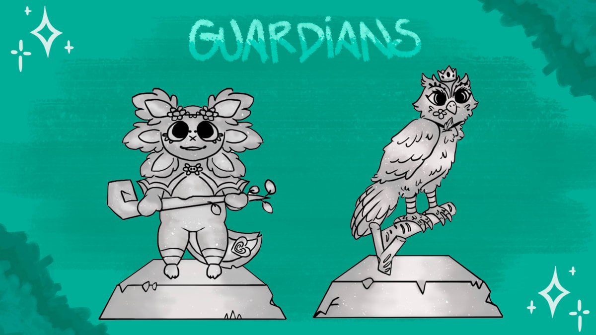 Diseño de personajes guardianes estilo estatua para videojuego 2D, obra de Alfred Morell Lozoya, alumno de TRAZOS, escuela de artes digitales en Madrid.
