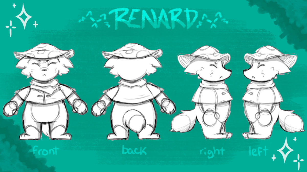 Hoja de modelado con vistas frontal, trasera, derecha e izquierda del personaje Renard, diseño de concept art del proyecto Gardien 2D GAME de Alfred Morell Lozoya, alumno de TRAZOS.