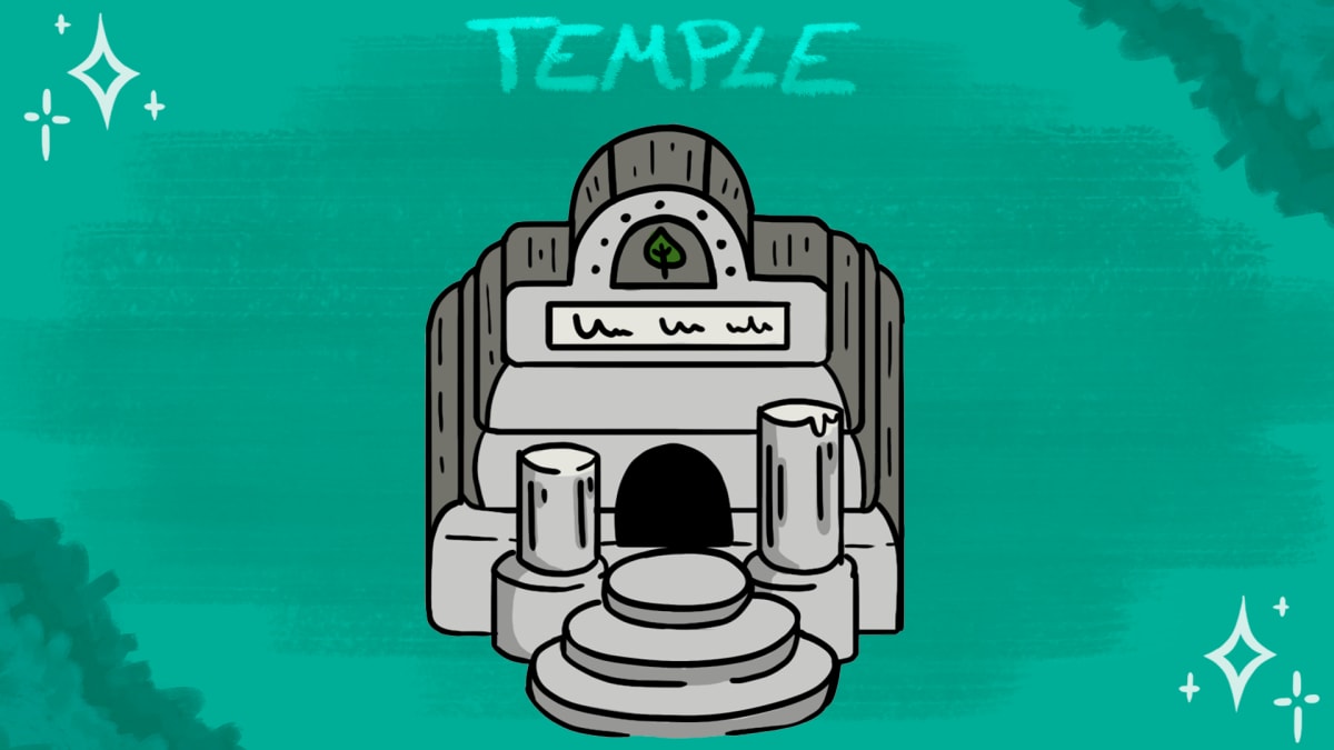 Ilustración digital de un templo de piedra con vela y altar para videojuego 2D, obra de Alfred Morell Lozoya del proyecto Gardien creado en TRAZOS, escuela de artes digitales en Madrid.