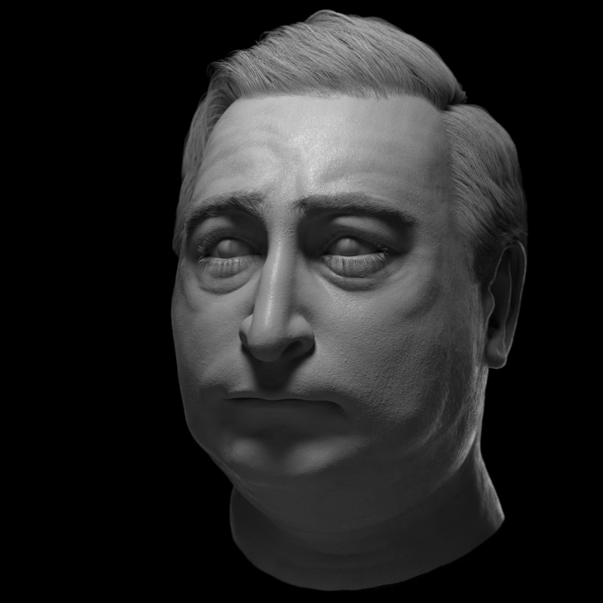 Escultura digital 3D en escala de grises de un rostro masculino realista con expresión seria, obra de Javier Linés García, alumno de TRAZOS, escuela de artes digitales en Madrid, en la disciplina de animación 3D.