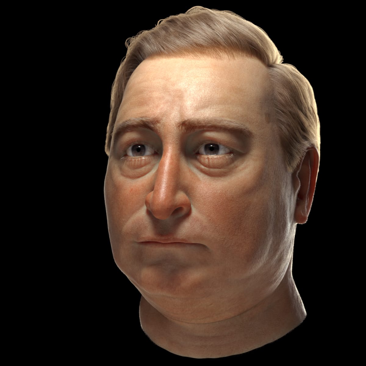 Retrato 3D hiperrealista de un rostro masculino creado por Javier Linés García, alumno de TRAZOS, en su proyecto Head 3D study de animación 3D.