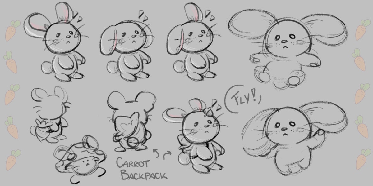 Bocetos de diseño de personaje de un conejo con mochila de zanahoria para el proyecto de videojuego Hiking Through, realizado por Alfred Morell Lozoya, alumno de Game Design & Development en TRAZOS.