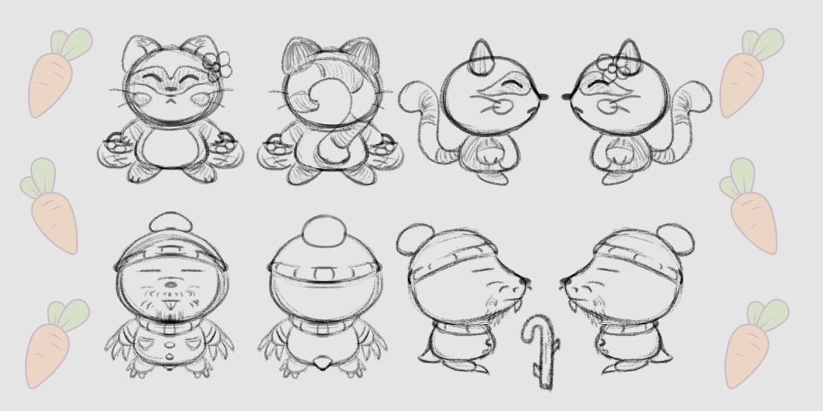 Bocetos de diseño de personajes estilo kawaii, un gato y un explorador con casco, creados por Alfred Morell Lozoya para el proyecto de videojuego Hiking Through, realizado en la escuela de artes digitales TRAZOS.