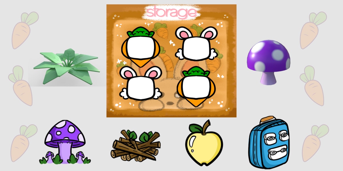 Diseño de iconos de inventario con setas, manzana, leña y mochila para el videojuego Hiking Through, trabajo de Alfred Morell Lozoya, alumno de TRAZOS, escuela de artes digitales en Madrid.