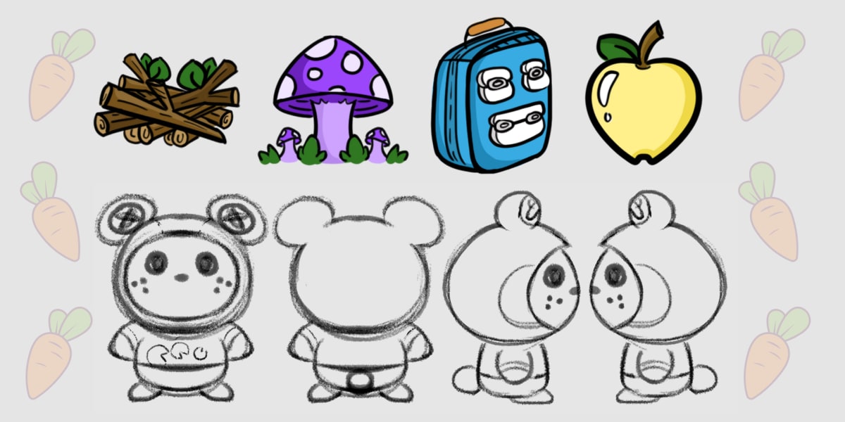 Iconos de objetos de aventura y bocetos de personaje tipo oso para el videojuego Hiking Through, trabajo de game art de Alfred Morell Lozoya, alumno de TRAZOS, publicado en The Rookies.