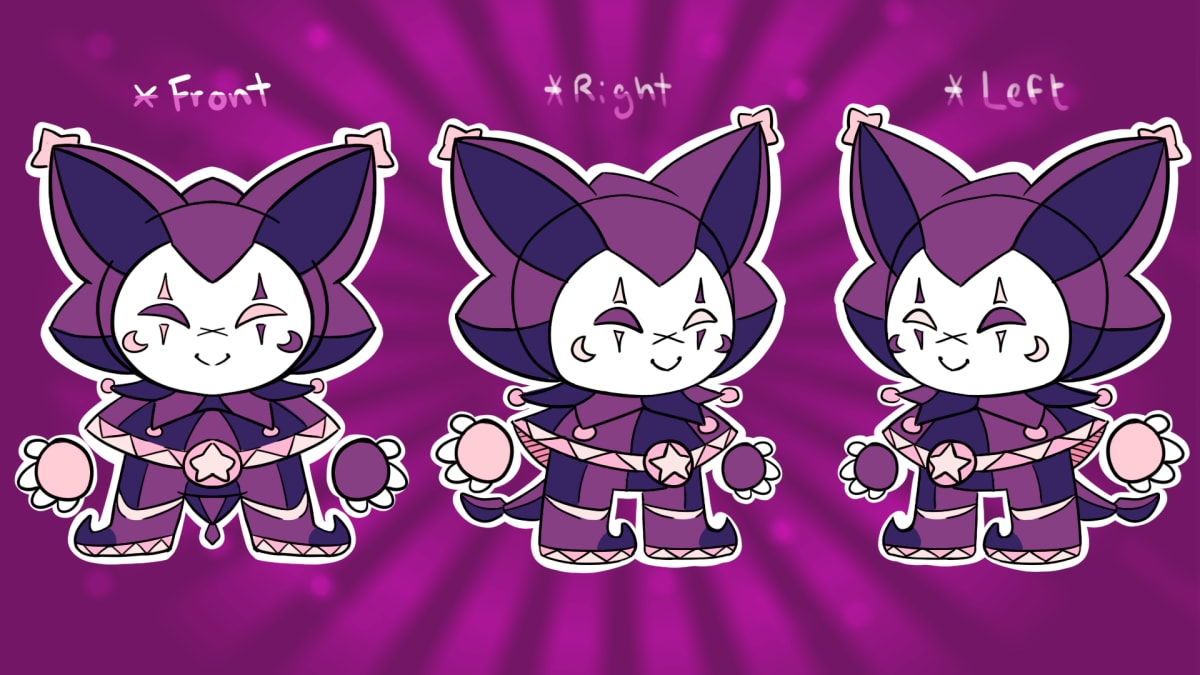 Hoja de modelo con las vistas frontal, derecha e izquierda del personaje chibi MoonJester, diseño de personaje 2D creado por Alfred Morell Lozoya, alumno de TRAZOS, para su proyecto de Concept Art & Illustration publicado en The Rookies.