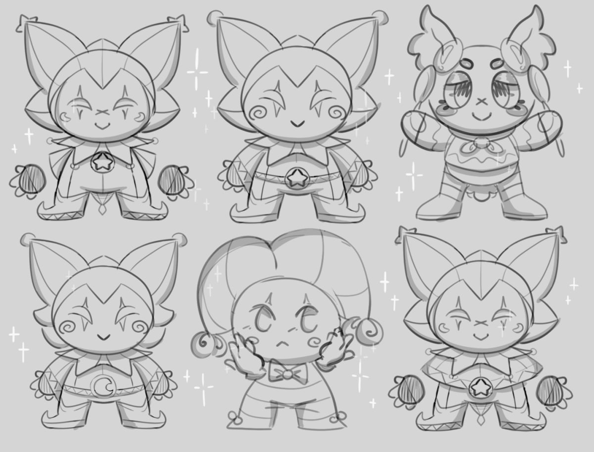 Bocetos de variantes del personaje chibi MoonJester con diferentes expresiones y accesorios, obra de Alfred Morell Lozoya para el proyecto de diseño de personaje 2D realizado en TRAZOS, escuela de artes digitales en Madrid.