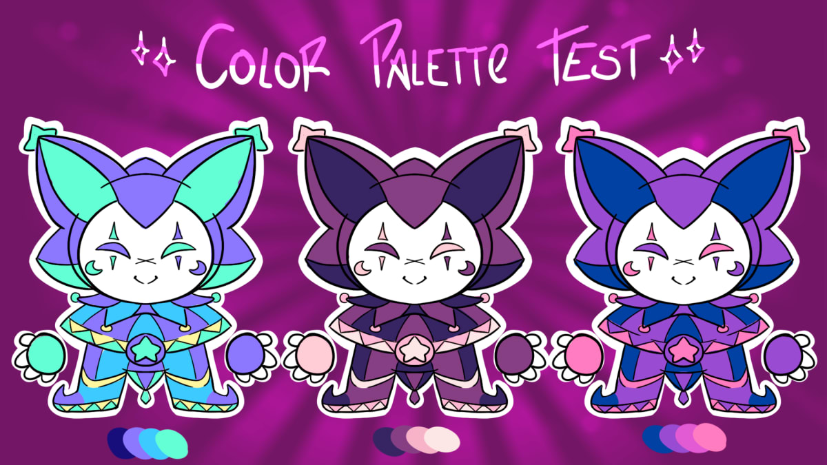 Test de paletas de color para el personaje MoonJester con tres variantes cromáticas, trabajo de Alfred Morell Lozoya, alumno de Concept Art & Illustration en TRAZOS, escuela de artes digitales en Madrid.