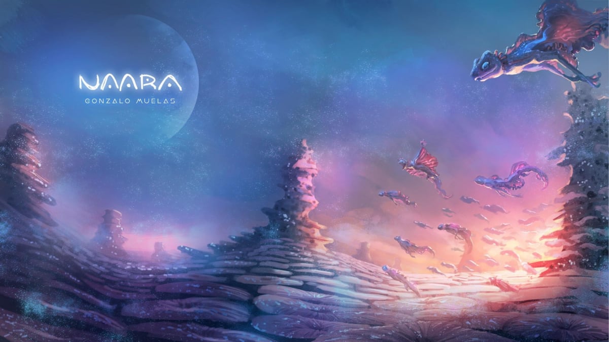Concept art de un paisaje alienígena con criaturas voladoras titulado Naara, obra de Gonzalo Muelas Pozo, alumno de Concept Art & Illustration en TRAZOS.