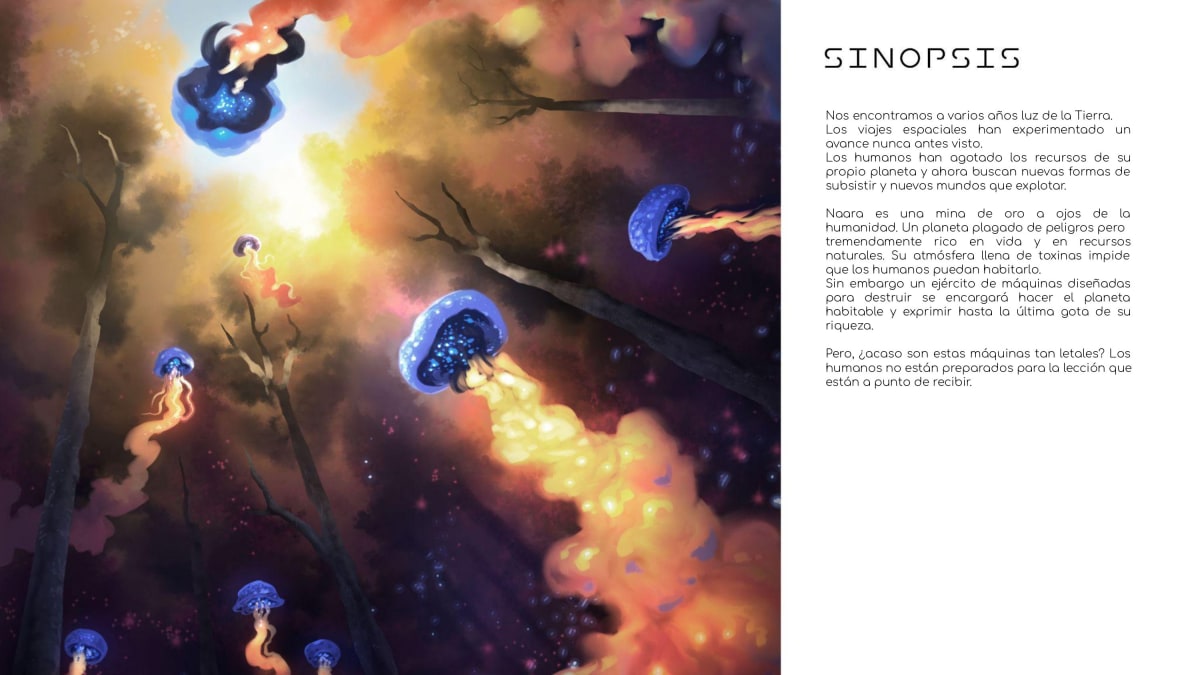 Sinopsis e ilustración conceptual de criaturas bioluminiscentes flotando en un bosque alienígena del proyecto Naara, creado por Gonzalo Muelas Pozo, alumno de TRAZOS, escuela de artes digitales en Madrid.