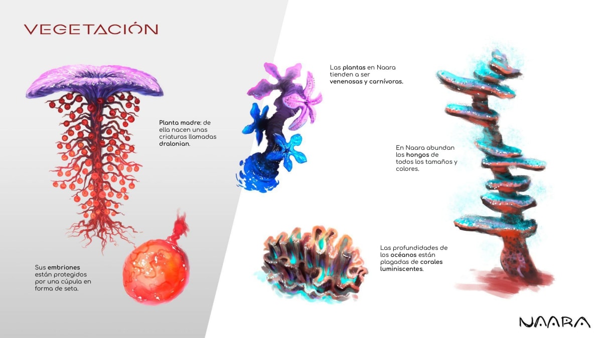 Concept art de vegetación fantástica para el proyecto Naara de Gonzalo Muelas Pozo, alumno de TRAZOS, con plantas carnívoras, hongos luminiscentes y corales, publicado en The Rookies.