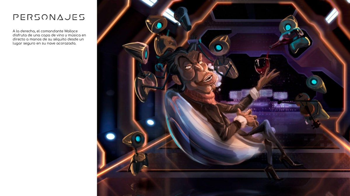 Diseño de personaje del comandante Wallace relajado en su nave con una copa de vino y robots asistentes, ilustración de concept art de Gonzalo Muelas Pozo para el proyecto Naara, alumno de la escuela TRAZOS.