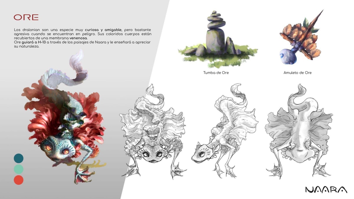 Concept art del personaje Ore, un dralonian venenoso con turnaround y elementos narrativos, del proyecto Naara creado por Gonzalo Muelas Pozo, alumno de TRAZOS, escuela de artes digitales en Madrid.