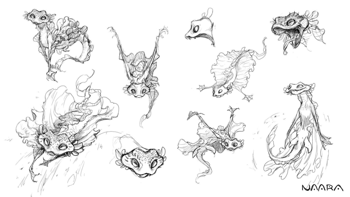 Hoja de bocetos de diseño de criaturas fantásticas tipo dragón para el proyecto «Naara» de Gonzalo Muelas Pozo, alumno de Concept Art & Illustration en TRAZOS, escuela de artes digitales en Madrid.