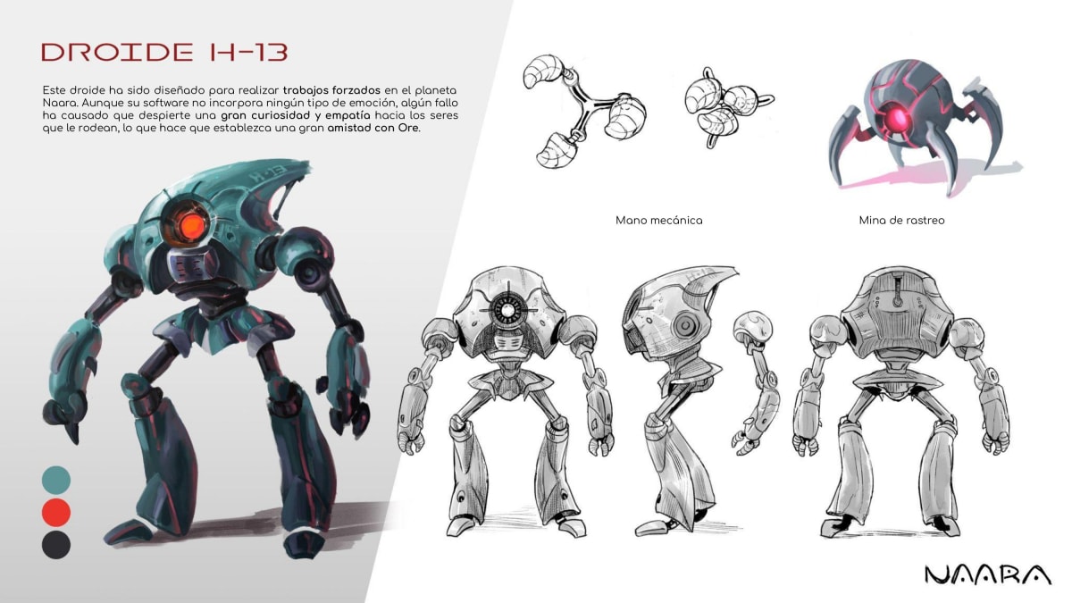 Concept art del droide H-13 con bocetos de turnaround, mano mecánica y mina de rastreo, del proyecto Naara de Gonzalo Muelas Pozo, alumno de la escuela de artes digitales TRAZOS.