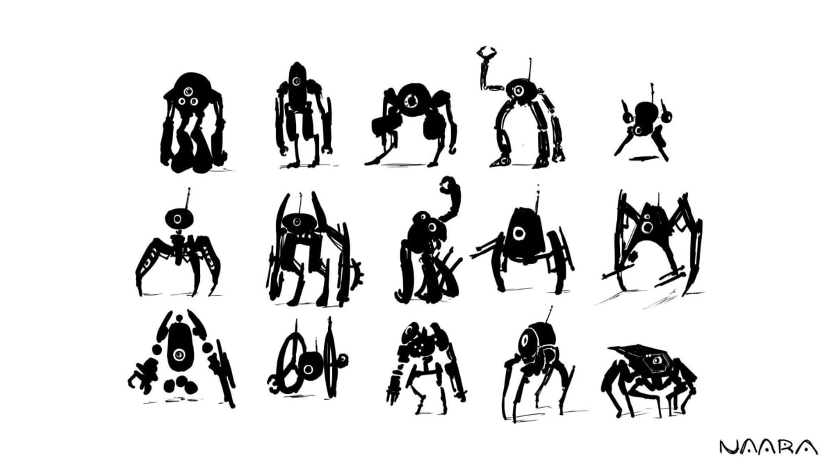 Hoja de siluetas de concept art con quince diseños de robots arácnidos en blanco y negro, obra de Naara de Gonzalo Muelas Pozo, alumno de TRAZOS, escuela de artes digitales en Madrid.