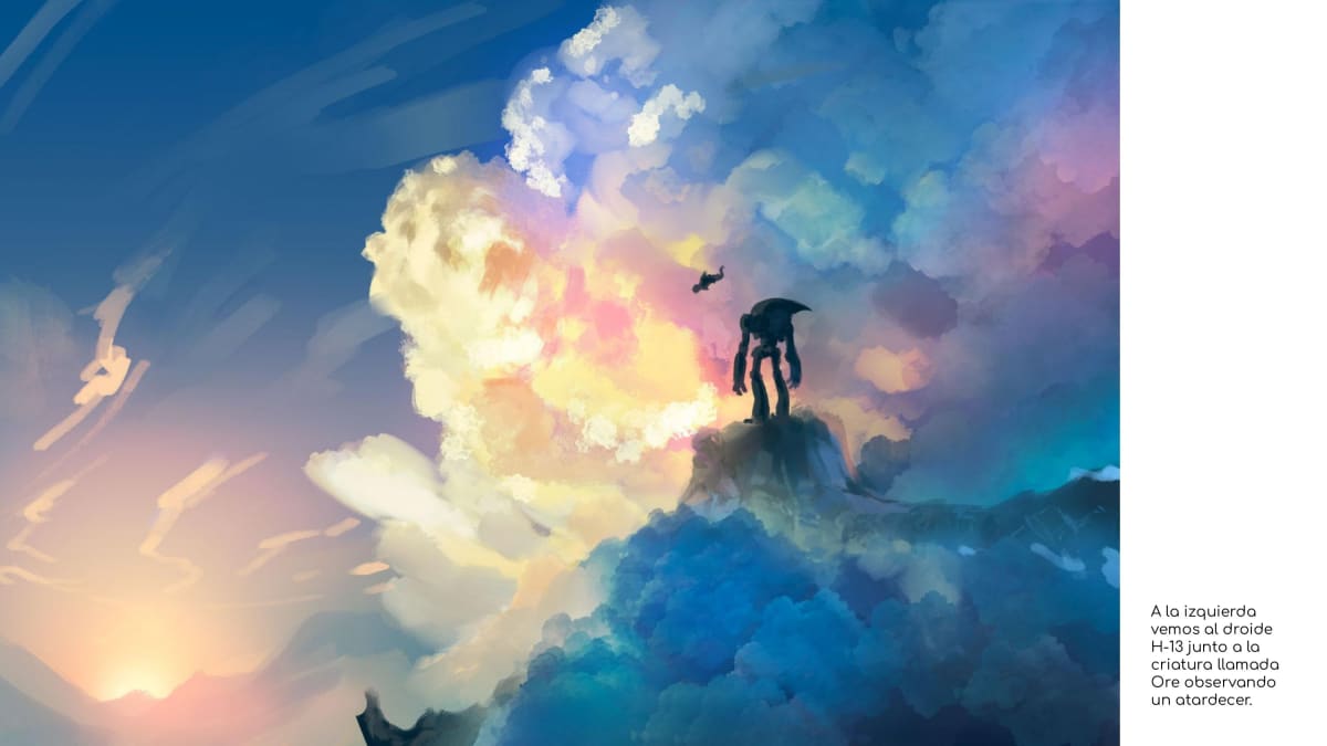 Ilustración de concept art de un droide junto a la criatura Ore contemplando un atardecer entre nubes, obra "Naara" de Gonzalo Muelas Pozo, alumno de la escuela de artes digitales TRAZOS.